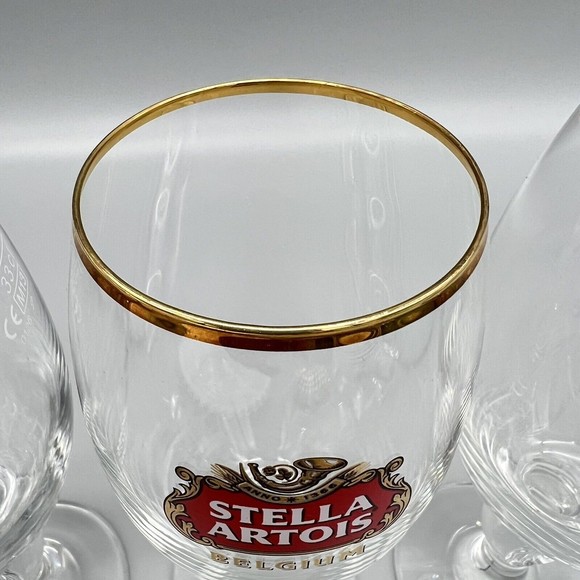 Stella Artois Chalice Beer Glasses Gold Rim 33cl Set of 3 Man Cave EUC - Picture 4 of 14